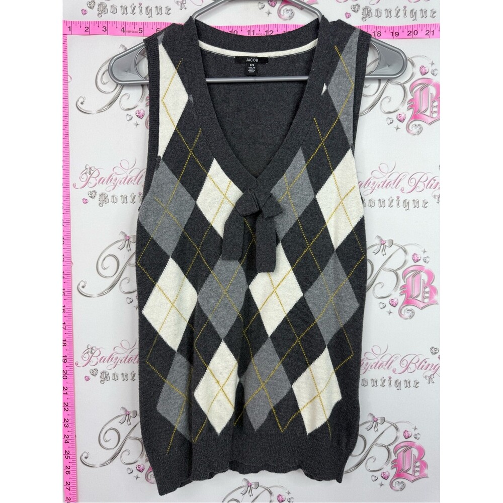 Jacob tank ribbon bow Charcoal Gray White Argyle V-Neck Sweater Vest